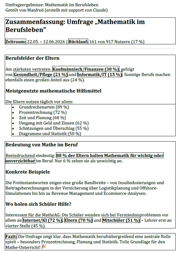 Ergebnis der Umfrage Mathe im Berufsleben